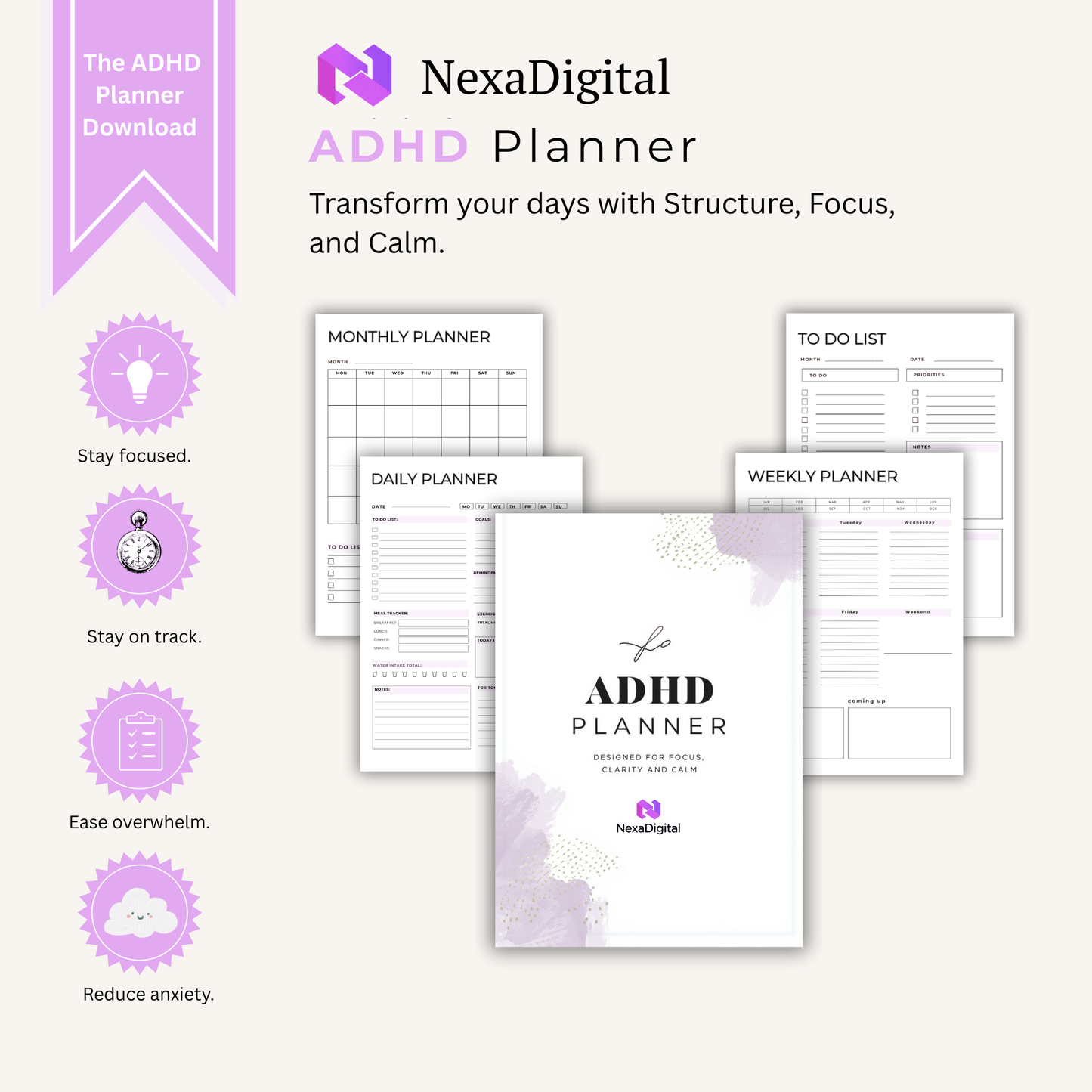 ADHD Planner – Focused Daily, Weekly & Monthly Organizer for a Calm and Productive Life